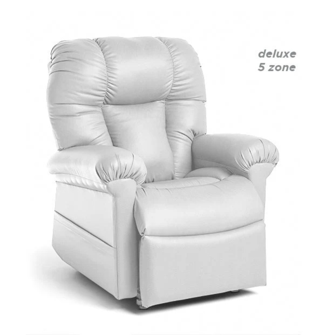 Experience ultimate comfort with the Journey Perfect Sleep Reclining Lift Chair, featuring a plush light-gray design, high backrest, padded armrests, reclining mechanism, deluxe 5 zone support, and therapeutic heat and massage functions.